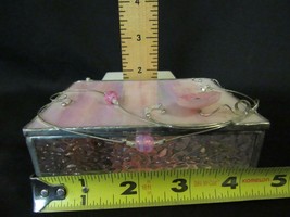 Pink Slag Trinket Box 3.5 x 4.5&quot; Signed Iridescent Sides Beaded &amp; Flower, Mirror - £6.80 GBP