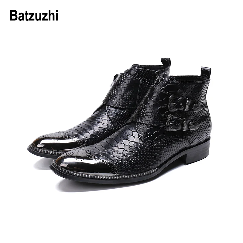 Batzuzhi Handmade Men Short Boots  Tip Toe Black Leather Short Boots Male Work,  - £225.43 GBP
