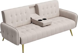 VASAGLE Sofa Bed, Convertible Couch with 2 Cup Holders and Removable, Beige - £283.40 GBP