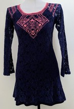 Flying Tomato Women Blue Pink Lace Short Shift Fit Flare Dress Long Sleeve Small - £11.66 GBP