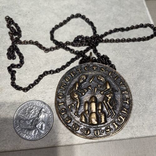 Vintage Brass Medallion Pendant Chain Medieval? see pictures - $19.79