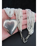 LARGE HEART PENDANT NECKLACE silver tone and white bead ESTATE SALE - $36.45