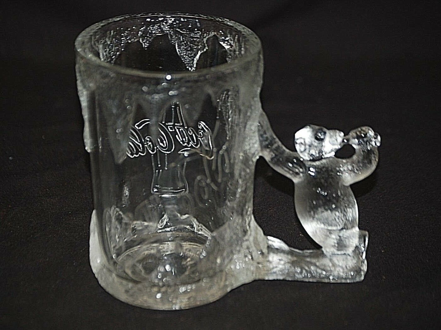 Vintage 1997 Coca Cola Coke 3D Drinking Mug Stein w Bear Handle Clear Frosted - £23.34 GBP