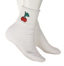 Red Cherry Cotton Bobby Socks -Embroidered Applique- Womens Socks 9-11 - Hey Viv - £9.57 GBP