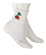 Red Cherry Cotton Bobby Socks -Embroidered Applique- Womens Socks 9-11 -... - £9.41 GBP