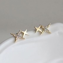 1/10CT Real Moissanite Double Star Stud Earrings 14K Yellow Gold Plated Silver - £90.86 GBP