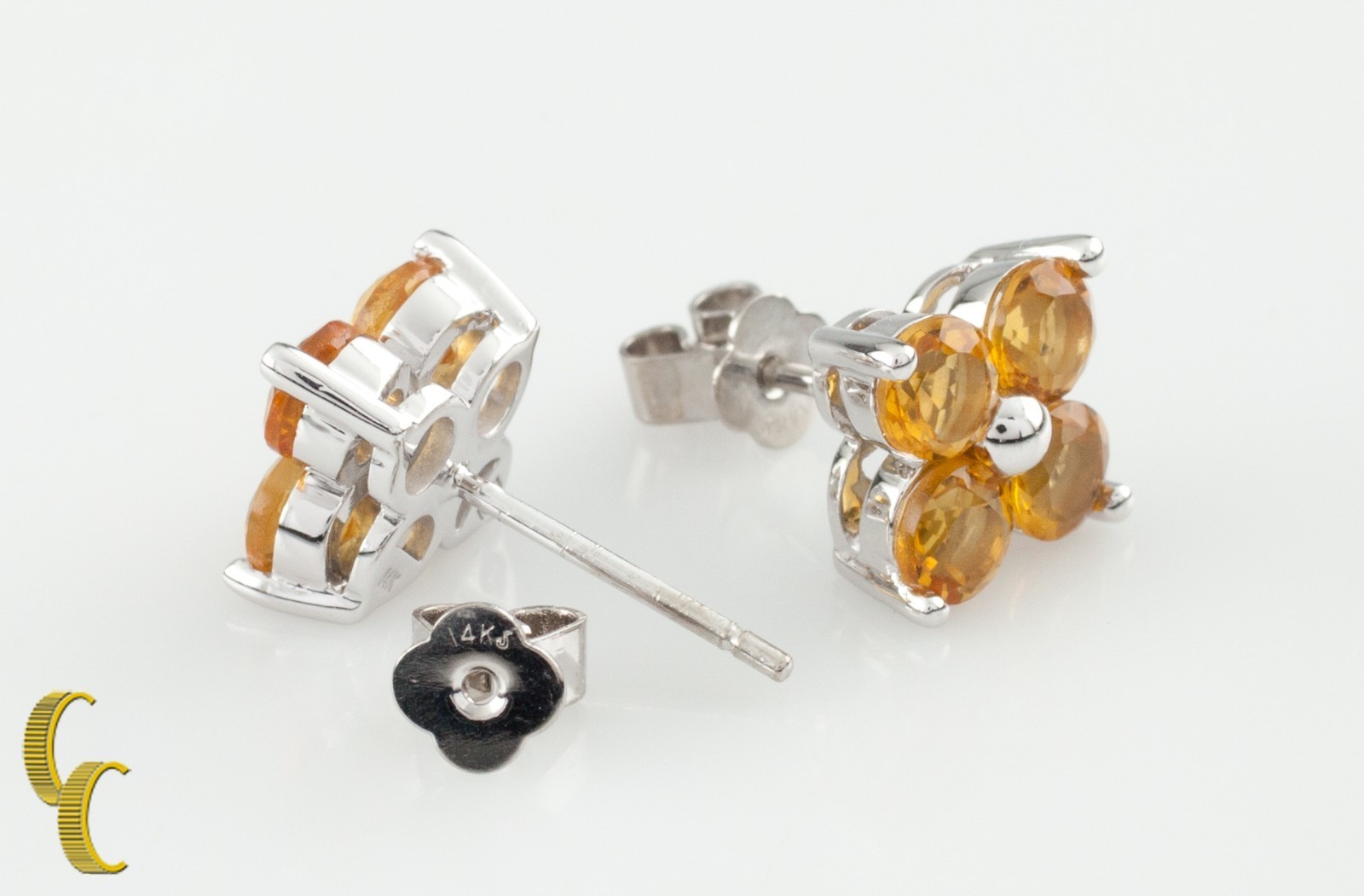 14K White Gold Yellow Sapphire Flower Stud Earrings TSW = 2 carats Item image 4