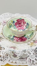 Paragon England cabbage rose teacup and saucer, pale blue background, stunning - £220.51 GBP