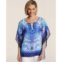 CHICO&#39;S Mindy Poncho Top Women XXL Aqua Blue Printed Keyhole Flowy Loose Relaxed - £25.73 GBP