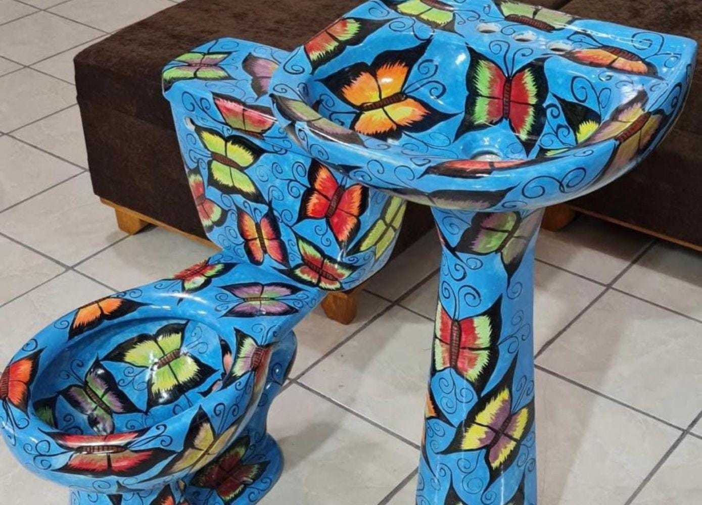 Mexican Talavera Ceramic Toilet Hand Painted  - Mariposas Azules - - $1,199.00