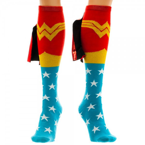 Wonder Woman Logo Red, Blue and Gold Knee High Derby Socks with Shiny Cape NEW - £10.03 GBP