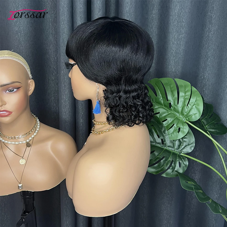 Ilian human hair short pixie cut machine made wig with bangs mullet head wig water wave thumb200