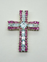Pink Tourmaline &amp; Created Aquamarine Sterling Silver Cross Pendant - £93.88 GBP