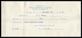 1917 RECEIPT- Wicks Electrical Institute, Chicago, Illinois A2 - £3.15 GBP