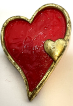 Vintage Red and Gold Painted Wooden Heart Lapel Pin Brooch Valentines Day Love - £8.35 GBP