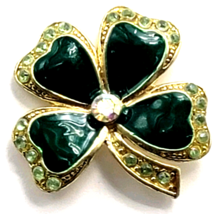 Irish Shamrock Pin Four Leaf Clover Brooch Green Enamel Rhinestone Lucky... - $12.99