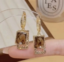 Maillard diamond set coffee crystal earring girl Stylish rectangular drop  - $19.80