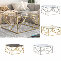Unique Vintage Square Shaped Steel Coffee Table With Tempered Glass Top Tables - £162.52 GBP+