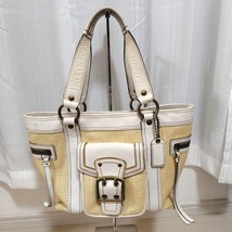 COACH Straw Leather Tote Shoulder Bag Handbag Beige White Flap Pocket MB... - $91.99