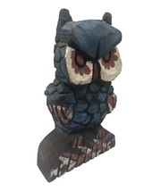 Owl Figurine Carved Wood Handpainted Sculpture St Lucia Wisconsin MCM Vtg Blue - £29.40 GBP