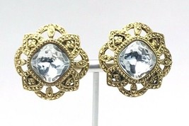 Vintage Signed Avon Antiqued Gold Tone Faceted Clear Crystal Clip On Earrings - $27.72