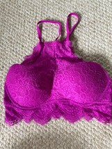 Victoria&#39;s Secret Vs Pink Lace HIGH-NECK Bralette Bra Hot Pink Longline 36B 36D - £13.41 GBP