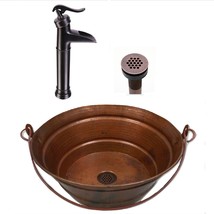15&quot; Round Copper Bucket Vessel Sink in Natural Fire with Grid Drain - $299.95