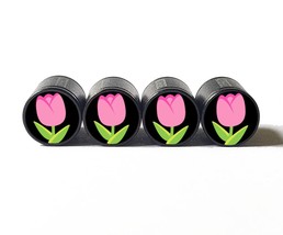 Pink Tulip Flower Emoji Tire Valve Caps - Black Aluminum - Set of Four - £12.78 GBP