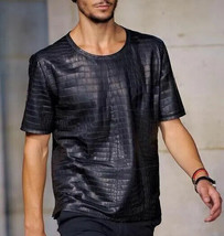 Handmade Men Stylish Genuine Lambskin Leather T-Shirt Crocodiles embosse... - £84.08 GBP+