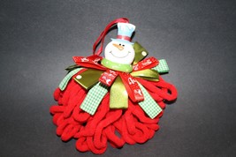 Snowman Christmas Tree Ornament 8&quot; Red Chenille Yarn Satin Ribbon Cord Gingham - £9.31 GBP