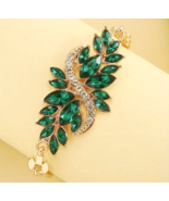 Green Crystal Bracelet Linked Gold Tone - $7.91