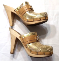 Baby Phat  Gold Leather Wooden High Heel Clogs Cat Logo Rhinestones Wms Sz 9 *** - £27.17 GBP