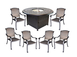 Cast aluminum wicker furniture patio 7pc fire pit dining set with round ... - £2,867.80 GBP