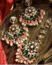 Bollywood Gold Plated Indian Kundan Enameled Earrings Tikka Green Jewelry Set - £30.10 GBP