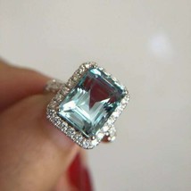 3Ct Emerald Cut Aquamarine &amp; Diamond Halo Engagement Ring 14K White Gold Finish - £72.76 GBP