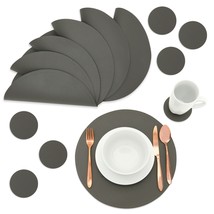 Set Of 6 Grey Faux Leather Circle Placemats &amp; 6 Round Coasters For Dining Table - £30.40 GBP