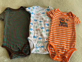 3 Boys Brown Teal Striped Whales Orange Jeep Short Sleeve One Pieces 12 Months - £5.07 GBP