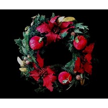 Christmas Red Gold Glitter Winter Holiday Poinsettias Apples 24&quot; Wreath - £13.49 GBP