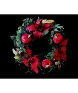 Christmas Red Gold Glitter Winter Holiday Poinsettias Apples 24&quot; Wreath - £13.79 GBP