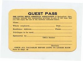 Springfield Ohio YMCA Young Men's Christian Association 1939 Guest Pass - $17.82