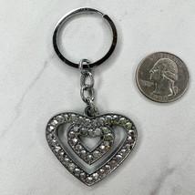 Silver Tone Rhinestone Double Heart Keychain Keyring - £5.51 GBP