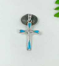 Unisex Blue Turquoise Stone Cross Pendant, Handmade 925 Silver Religious Jewelry - £67.94 GBP