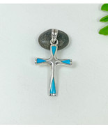 Unisex Blue Turquoise Stone Cross Pendant, Handmade 925 Silver Religious... - £67.94 GBP