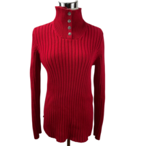 Ralph Lauren Red Cotton Button Neckline Funnel Sweater Stretch Rib Knit - £20.71 GBP