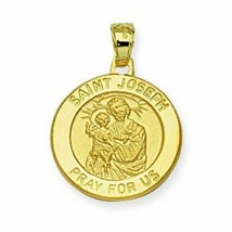 Solid 14k Real Yellow Gold Saint St. Joseph Pray for Us Round Pendant Charm - £217.04 GBP