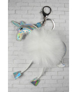 Pom Pom Unicorn Keychain Purse Charm Split Ring Lobster Claw Faux Fur Wh... - $19.79