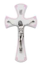 Wall Cross, White with Pink and Silver Toned Corpus and INRI, 7 inches - $37.95