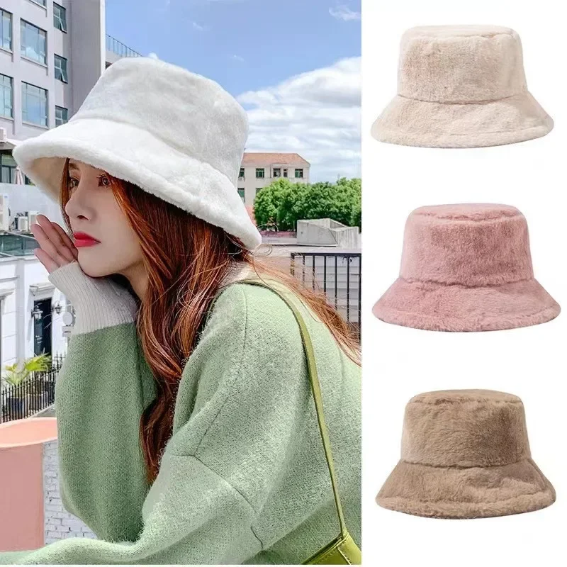 Bucket Hat Custom Korean Lamb Faux Fur Bucket Hat Lady Winter Warm Soft Panama - £10.75 GBP+