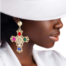 3.5&quot; Gold Plated Multi Color Crystal Elegant Fancy Dangle Cross Earrings - £27.58 GBP