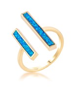 Yellow Gold Plated Brass Women&#39;s Geometric Double Bar Blue Opal Open Ring - $42.00